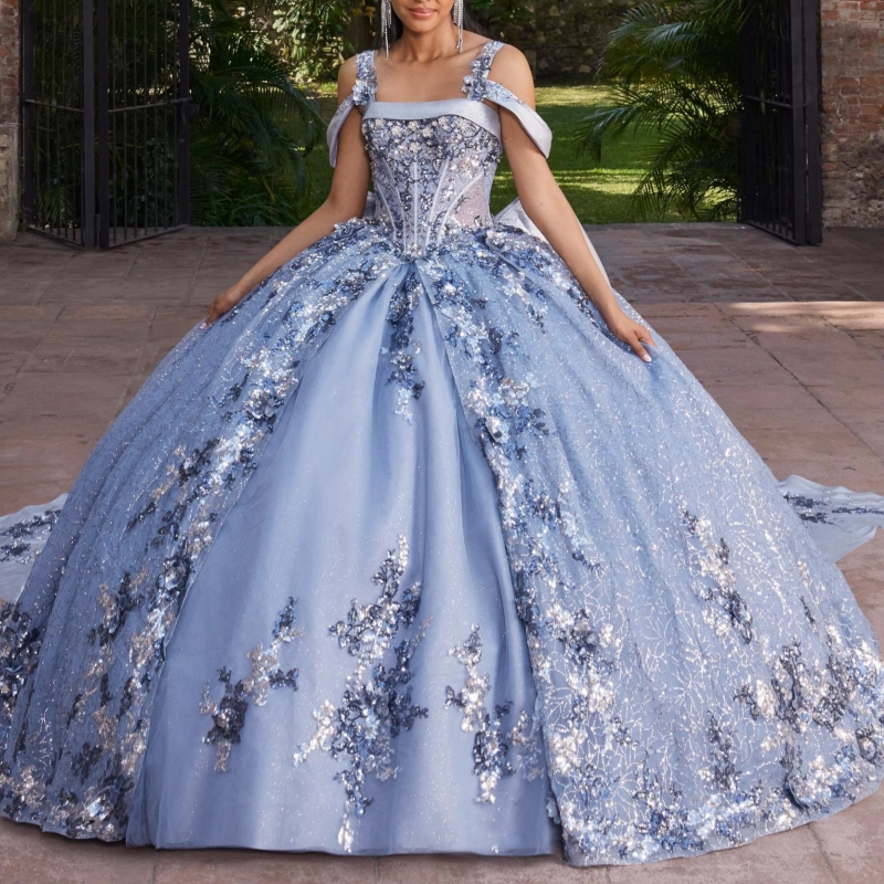 Navy Blue Quinceanera Dresses Ball Gown Off The Shoulder Applique Lace Beading Crystal Bow Tull Sweet 16 Dress Vestidos 15 De Anos