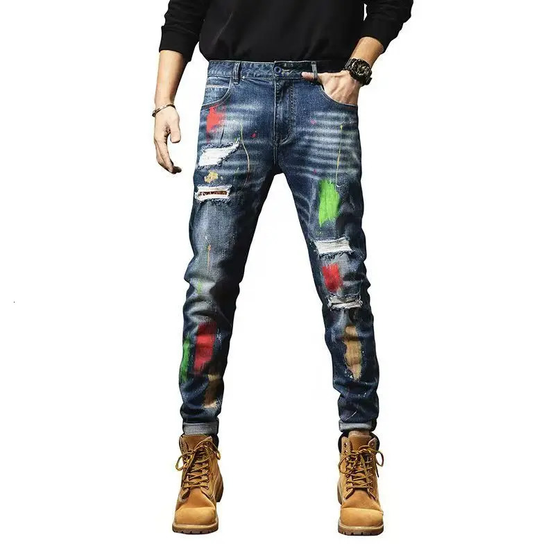 Fashion Straight Light Jeans Personality Brushed Ripped Graffiti MenS High Waist Slim Men Baggy Harem Trousers 250614