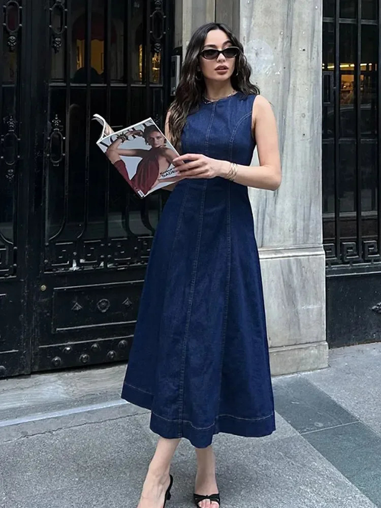 Casual Blue Denim Long Dress Lady 2025 Sleeveless A-line Vestido High Waist Loose Round Neck Streetwear Daily Women Fashion 250609