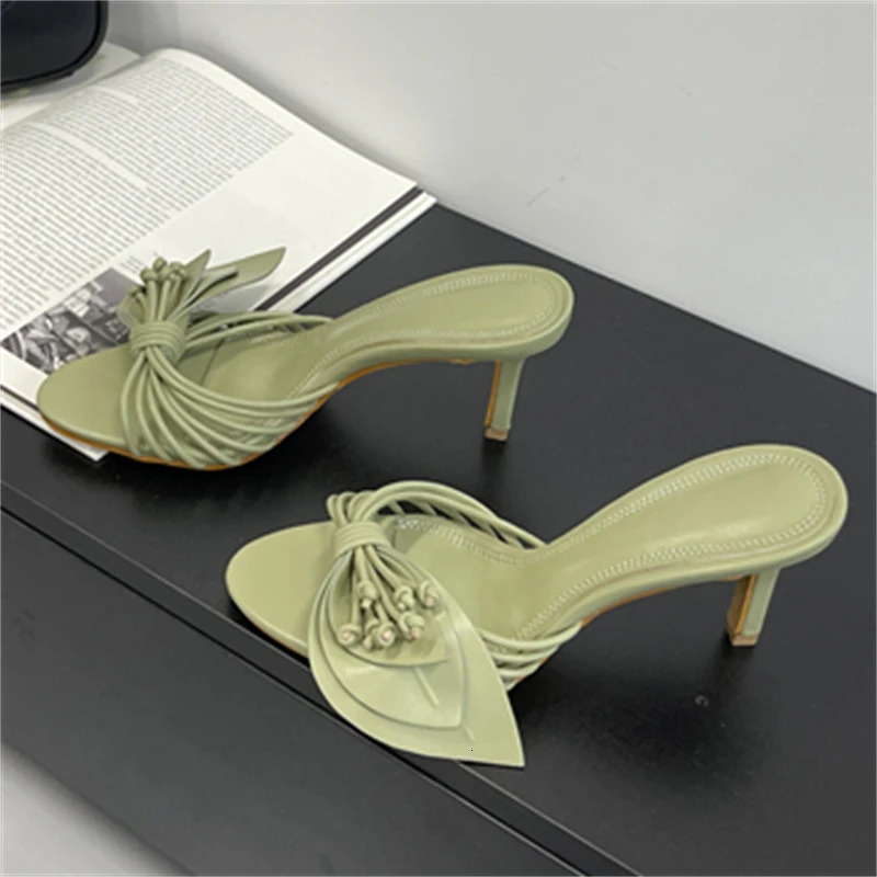 Aneikeh Bohemian Style Women Slippers Mules High Heels Gladiator Sandals Flower Decoration Flip Flop Peep Toe Party Shoes 250614