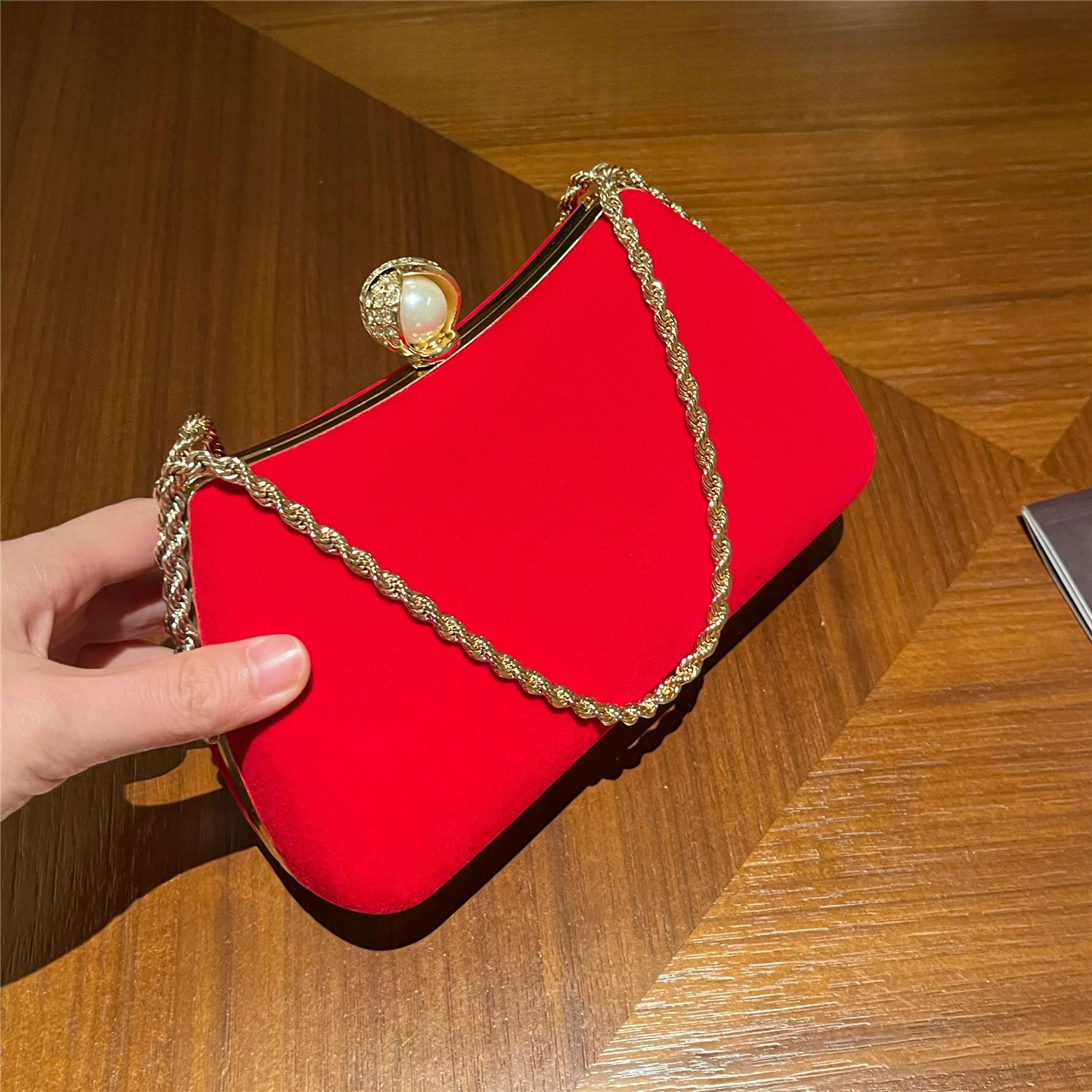 Luxury Velvet Evening Bag Party Clutch Fashion Pearl Chain Handbag 250614