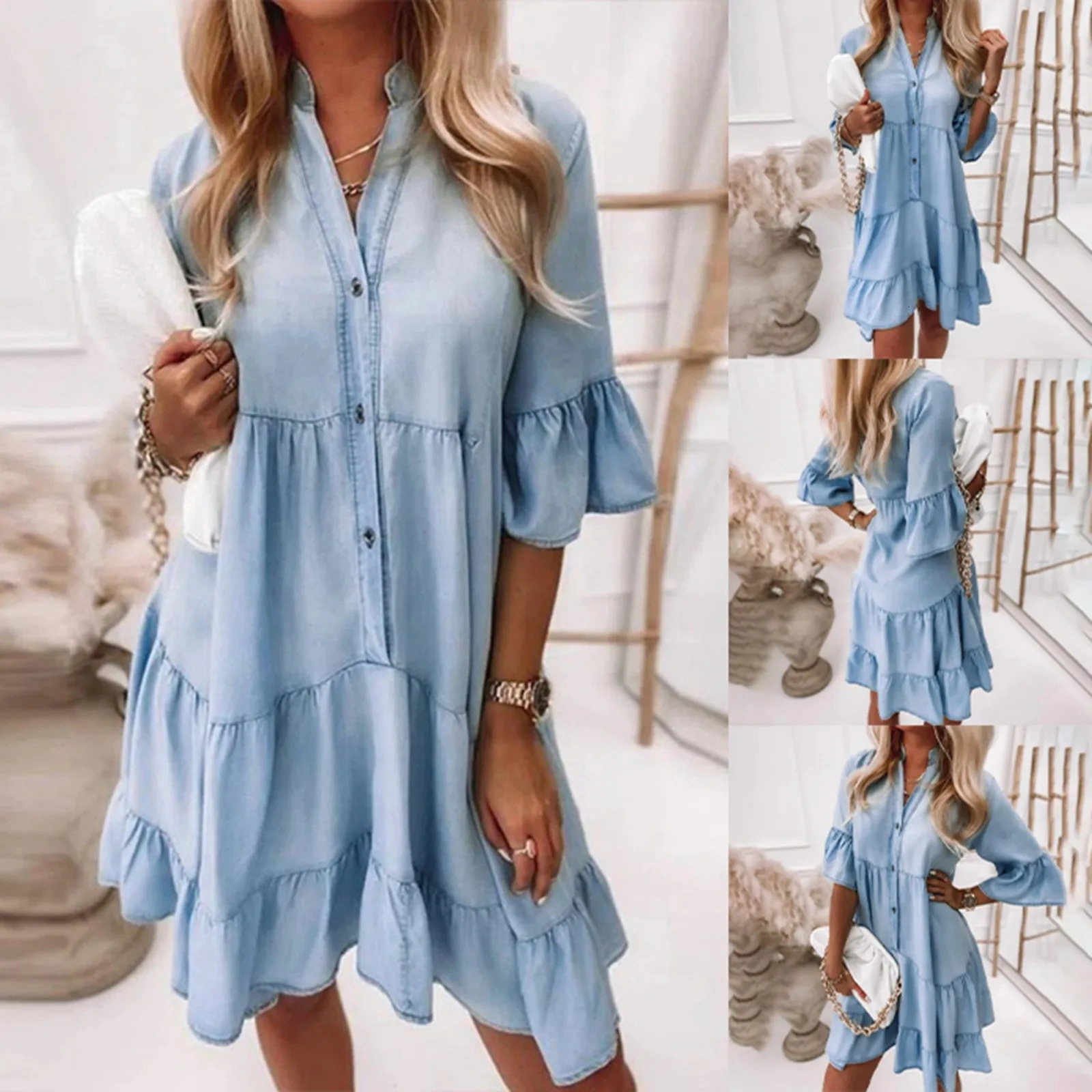 Cotton Denim Women Dresses Solid Color Mid Sleeves A-line Pattern Above Knee Stand Collar Ruffle Shirt Dress Daily Clothes 250609