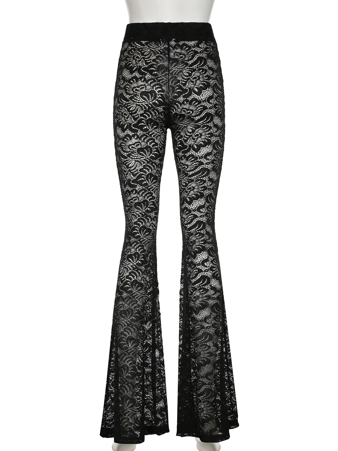 IAMSURE Sexy Slim Lace Flare Pants See Through Solid MidWaisted Wide Lege Women Underwear Leggings Streetwear Ladies 250612
