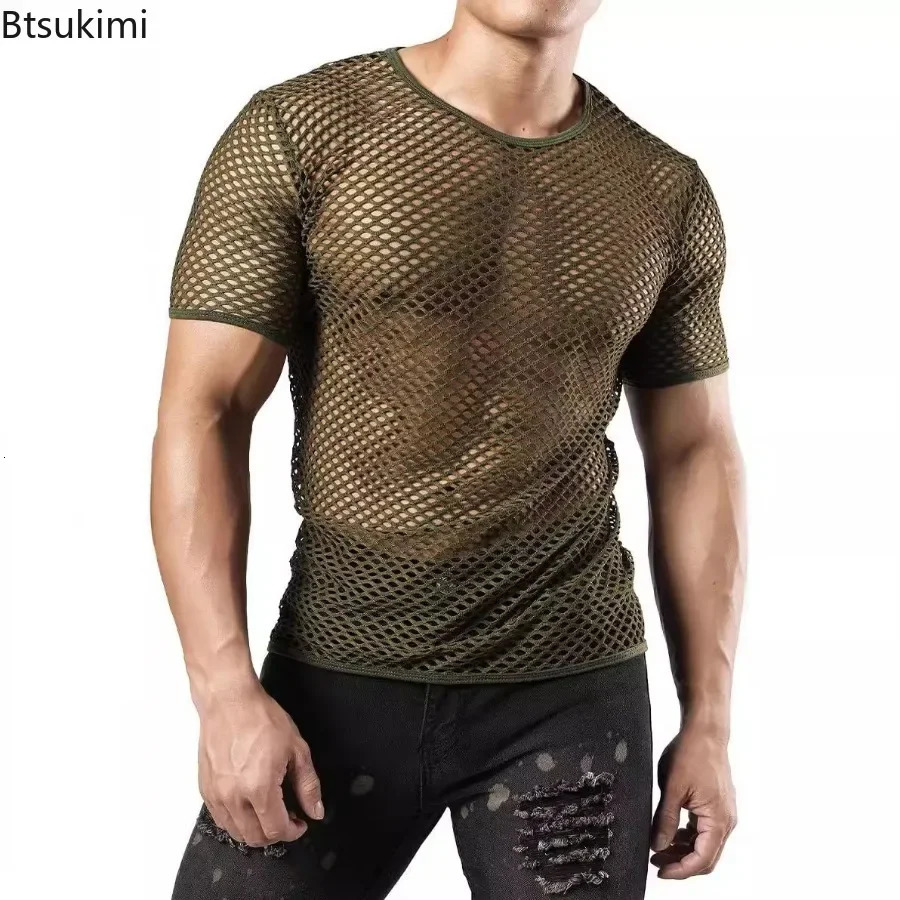 Mens Sexy Mesh T-shirts Transparent Hollow Out Fishnet Short Sleeve O-neck Tops Men Sport Fitness Tees Nightclub Vest 250614