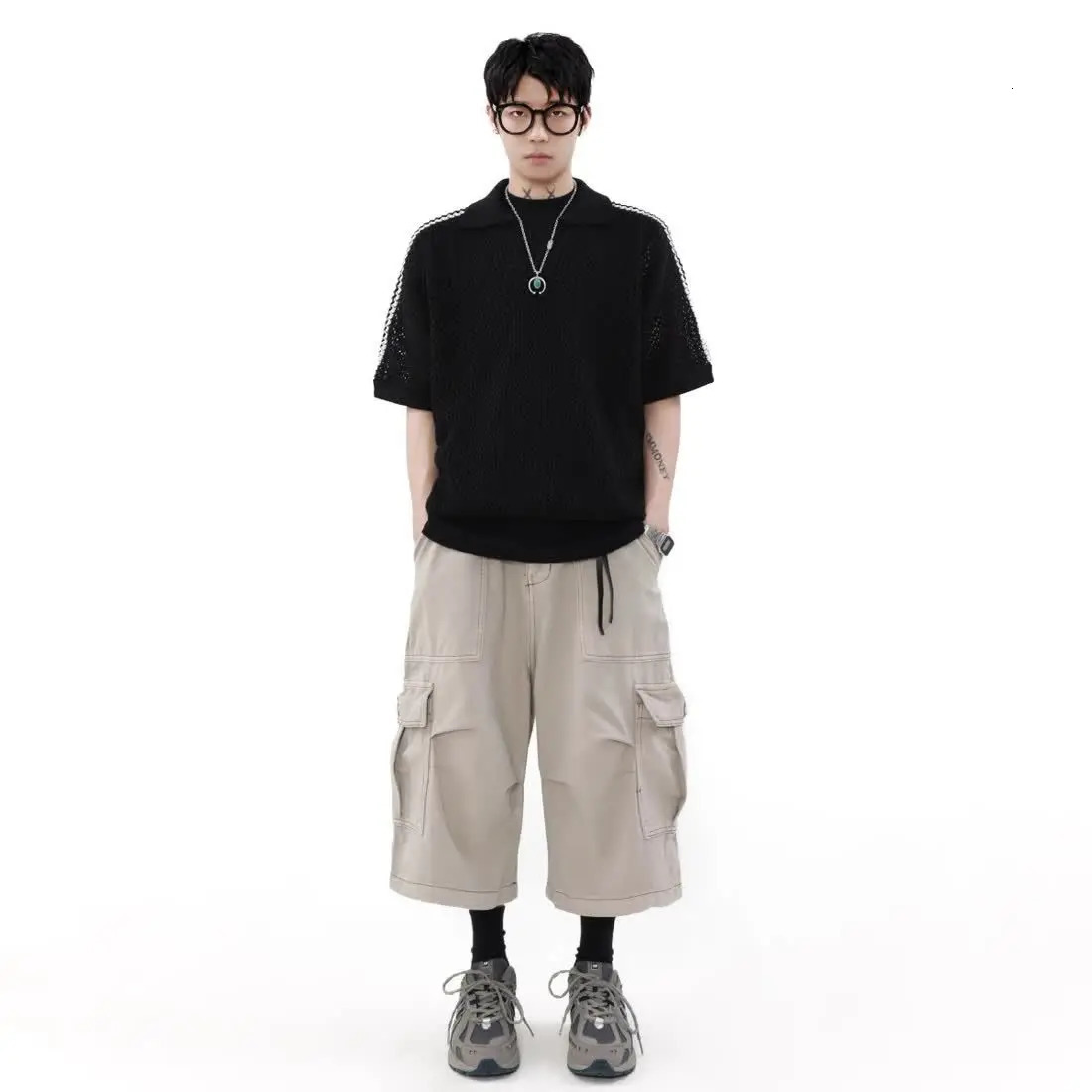 American Retro Hollow Mesh Short-sleeved Knitted POLO Shirt Mens Summer Breathable Sports and Casual Lapel Loose Top 250614