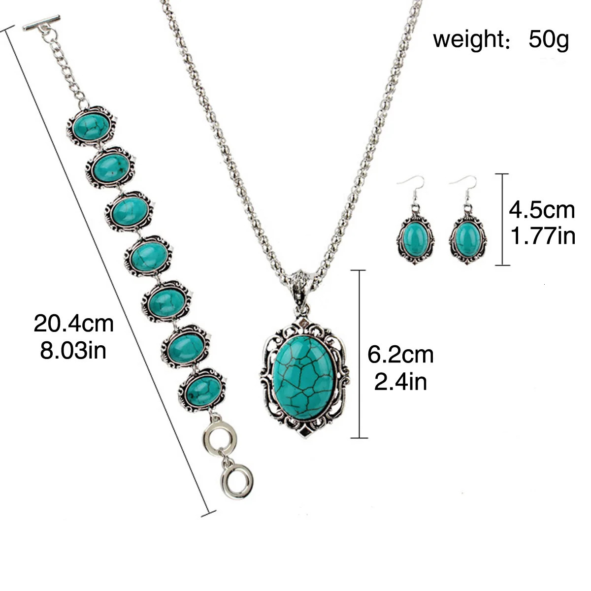 3pcs Vintage Turquoise Bracelet Necklace Earrings Set Healing Stone Decoration GiftWithout Box 250609