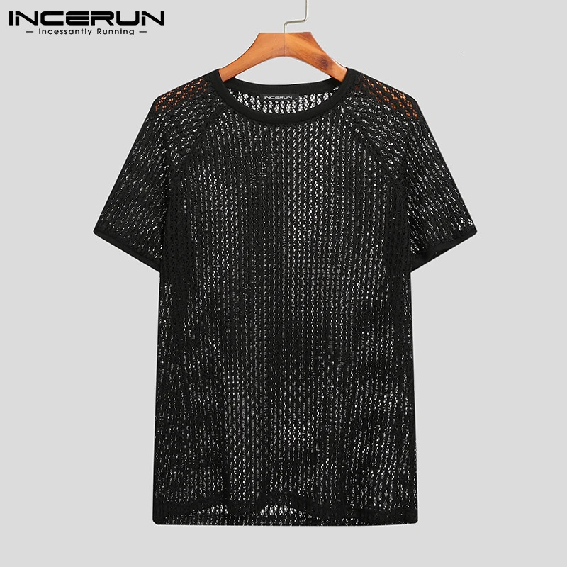 INCERUN Men T Shirt Solid Color Hollow Out See Through Sexy Short Sleeve O Neck Tee Tops Streetwear Casual Party Camisetas 250614