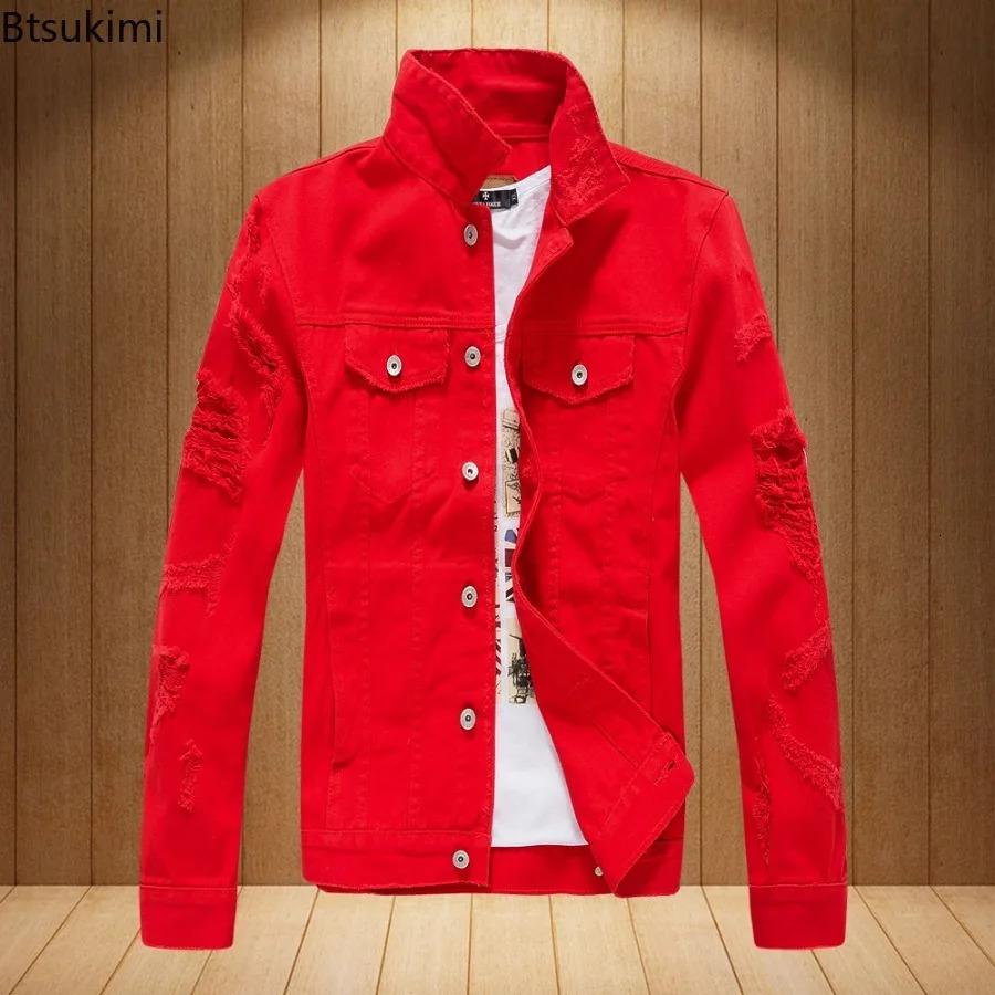 Mens Fashion Jeans Jacket Solid Spring Autumn Long Sleeves Cotton Denim Men Casual Ripped Hole Jean Coats Male 250614