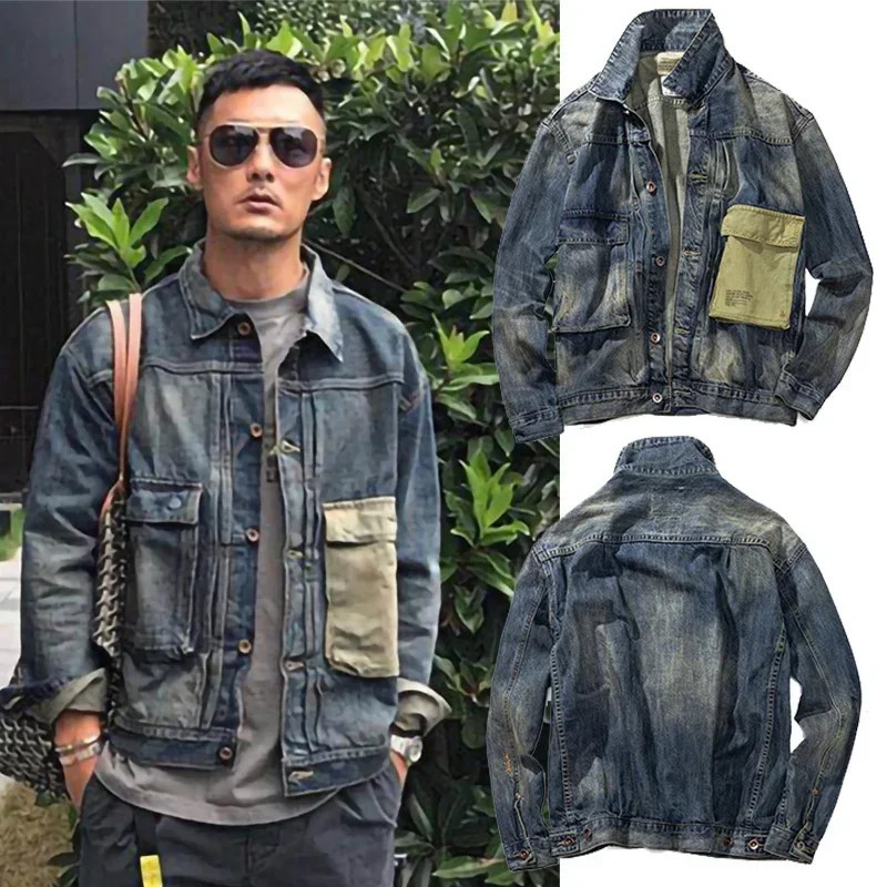 American Retro Old Denim Jacket Mens Spring Short Slim Tooling Casual Washed Patchwork Cargo Straight Jeans Coats Blue 250614