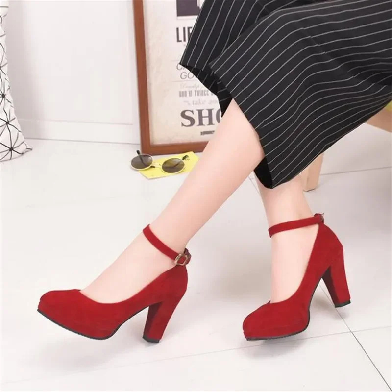 Spring Women Pumps Flock Sweet Thick High Heels Ankle Strap Female Platform Classic Round Toe Dress Cute Shoes Ladies Footwear 250614