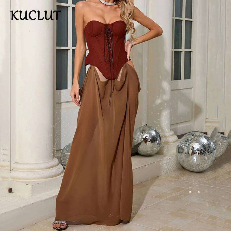 Fashion New Retro Bandage Design Strapless Patchwork Long Dresses For Women Elegant Evening Party Dress Female