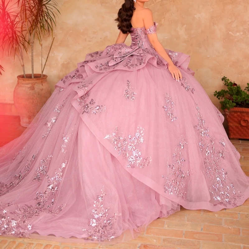 Pink Shiny Quinceanera Dresses Ball Gown Off The Shoulder Applique Lace Beads Bow Tull Sweet 16 Dress Vestidos 15 De Anos