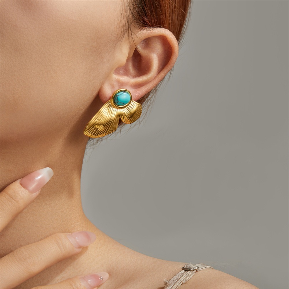 Style Gold Stainless Steel Turquoise Drop Earrings Niche High-end Non-fading Exaggerated Ear Jewelry