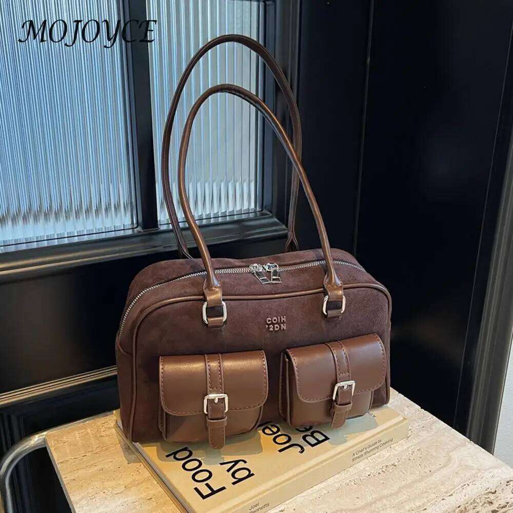 Women Retro Handbag PU Leather Casual Tote Multi-Pockets Fashion Underarm Ladies Commute Bag
