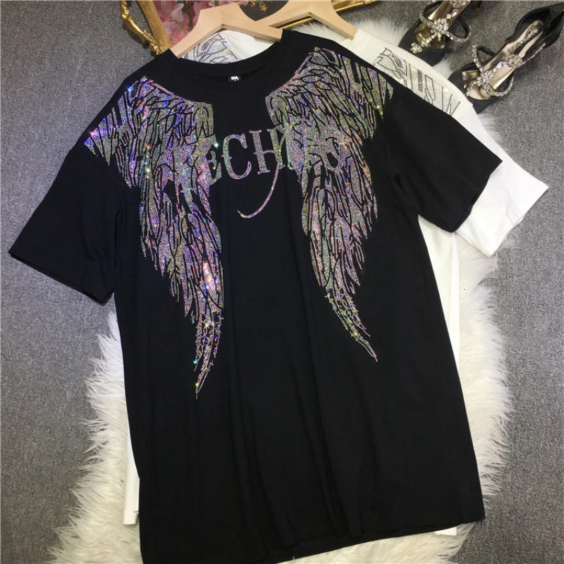 Big Size Rhinestone Wings T Shirt Plus Size Woman Clothes 150 KG Cool Streetwear Y2K Black White T-shirt Top Summer 250614