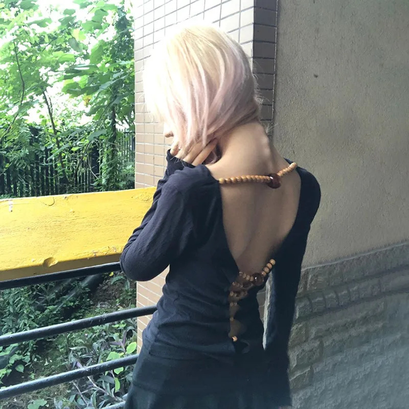 Karrram Japanese Y2k Hollow Out Tops Vintage Harajuku Beaded T Shirt 2000s Aesthetics Long Sleeve Slim T-shirts American Retro 250614