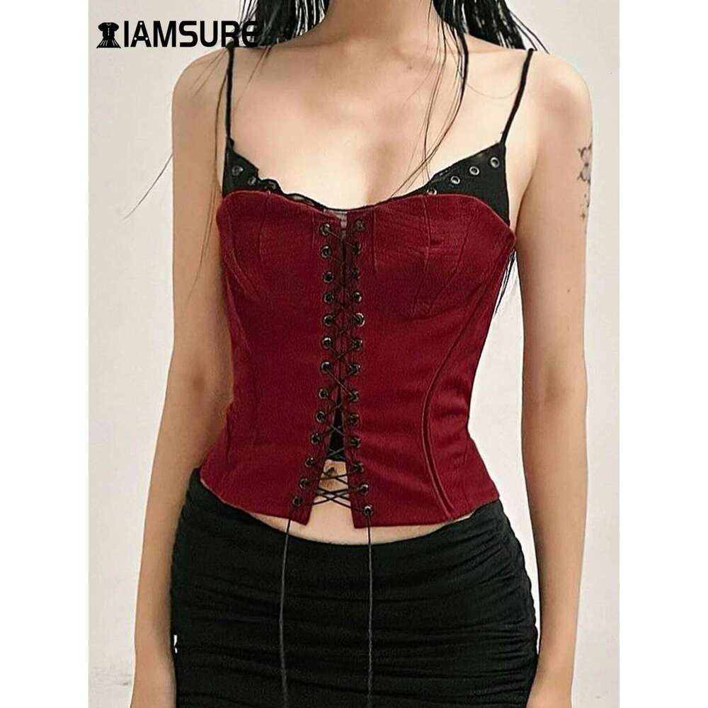Gothic Patchwork Bandage Camis Top Dark Slim Slash Neck Sleeveless Tank Tops Women Summer Fashion Streetwear Lady