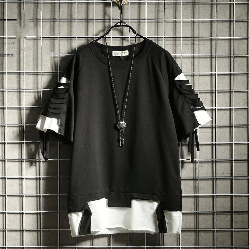 Oversized T Shirt Streetwear Ripped Hole Vintage Hip Hop T Shirt False two Loose Short sleeve Summer 250614