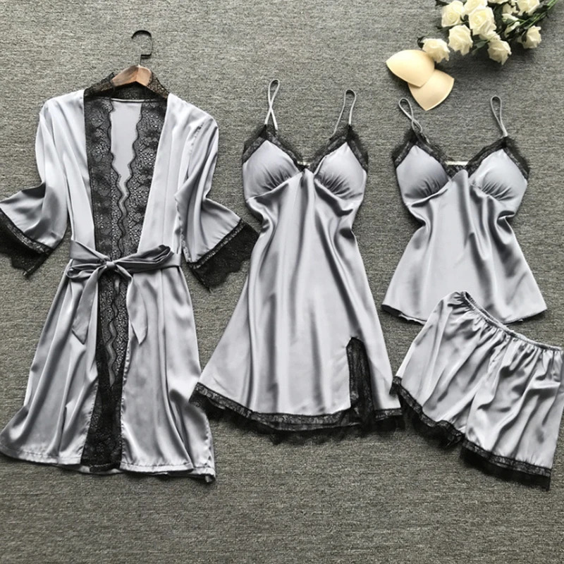 4 Pieces Womens Sexy Lace Pajamas Fashion VNeck Gown Comfort With Chest Pads Nightdress Casual Loungewear 250611