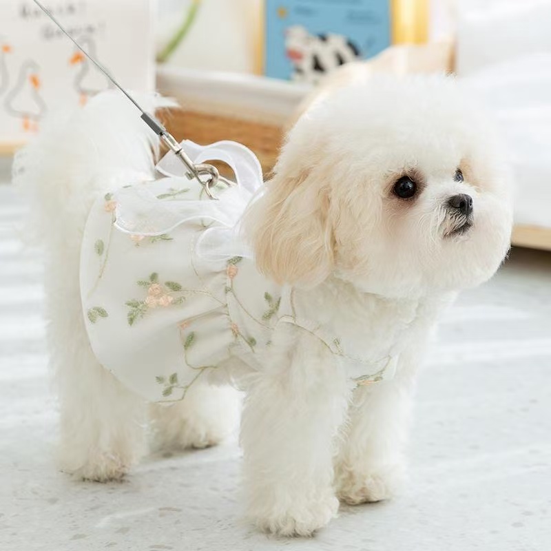 T471Puppy spring and summer breathable lace ribbon floral double-layer princess dress cat Teddy small and medium-sized dog pet clothes