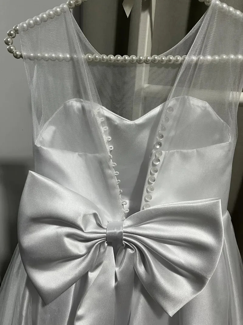 Customized White Child Flower Girl Dresses for Weddings Satin A-line Tulle Bow Long Bridesmaid Pageant Robe First Communion Gown 250614