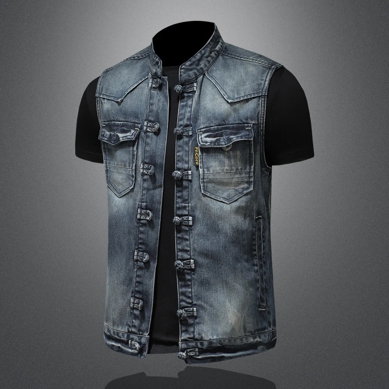 Mens Casual Style Denim Vest Fashion Handsome Trend Solid Color Disc Buckle High Quality Boutique Everything 250614