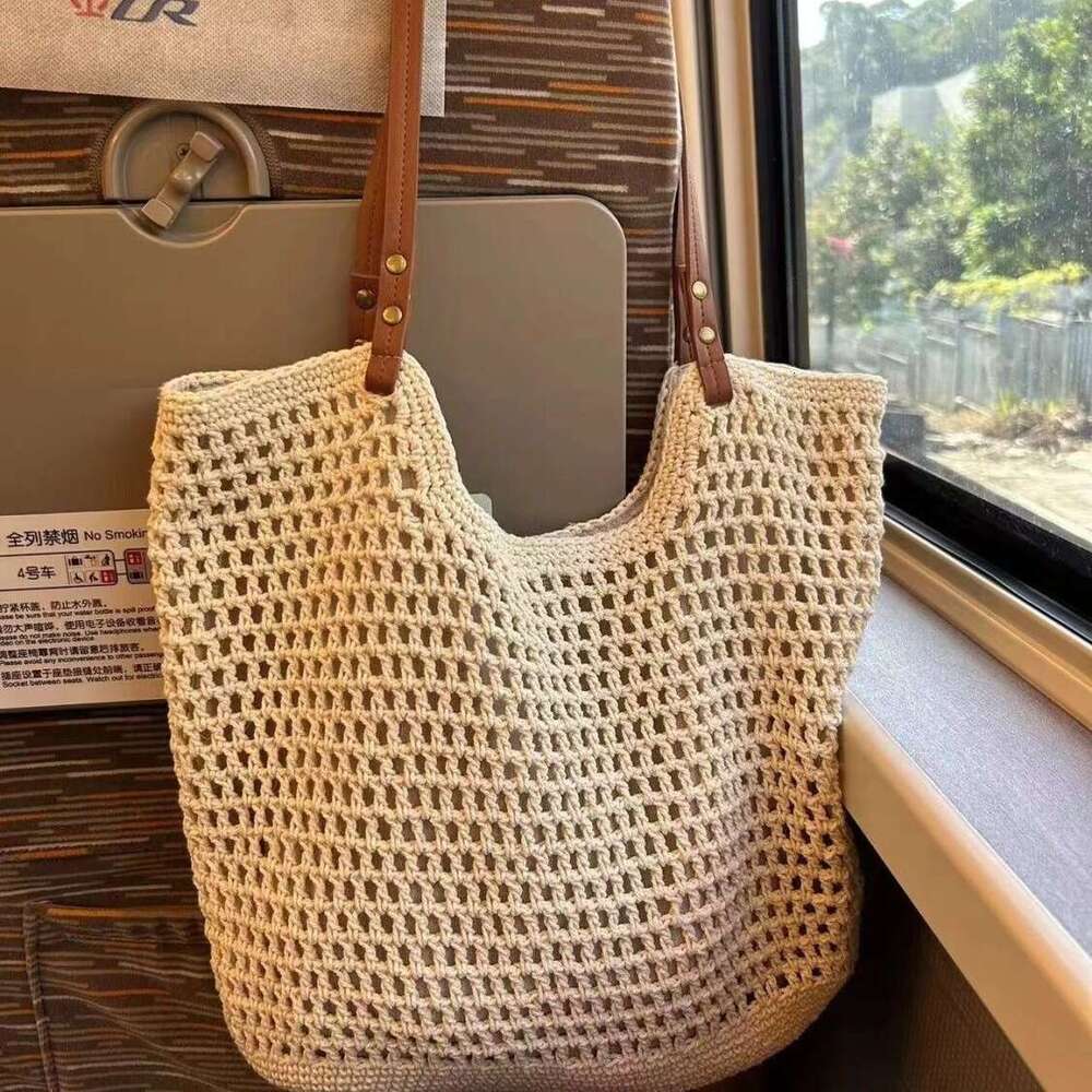 Beach Same Style Cotton 2025 New Summer Woven Hollow Handbag Niche Design Mesh Bag Women
