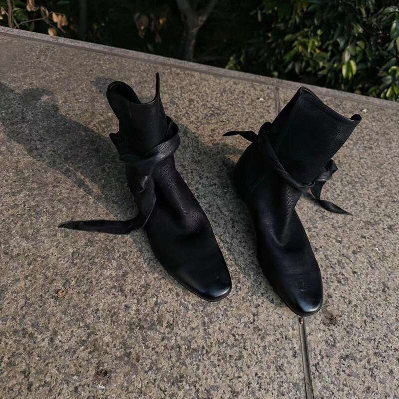 Niche Design NEW Bowknot Lace-up Ankle Women, Autumn Season, Distressed Flat Bare Boots, Single Boots for Women