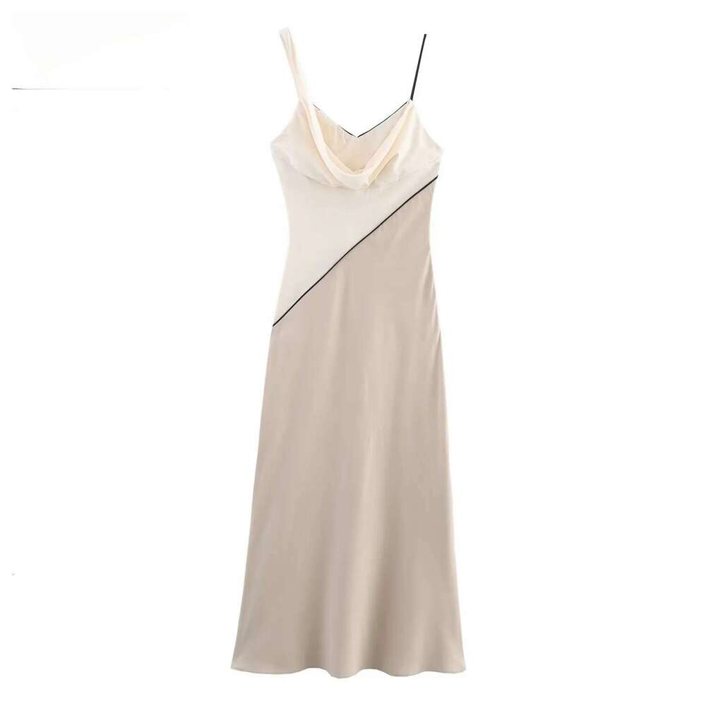 Womens Elegant Sexy Contrast Color Blocked Cowl Neck Sleeveless Spaghetti Strap Mid Length Dress With Asymmetric Straps