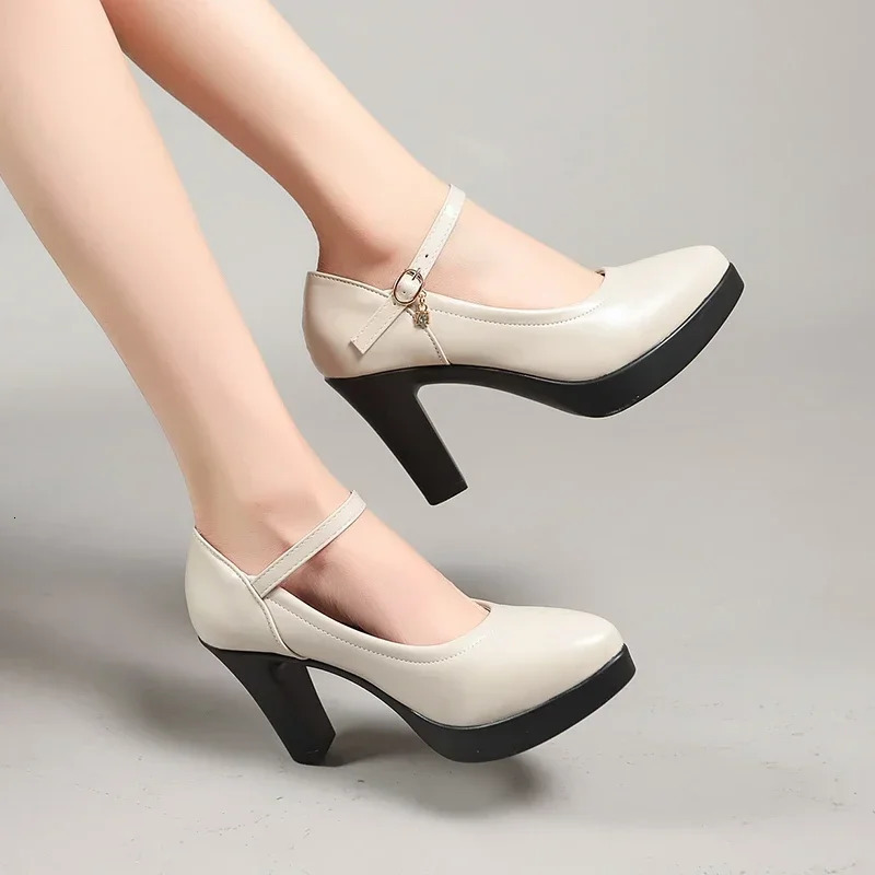 Ankle Strap Thick Heels Pumps for Women Pu Leather Office High Heeled Shoes Womans Elegant Platform Mary Jane Shoes Casual 250614