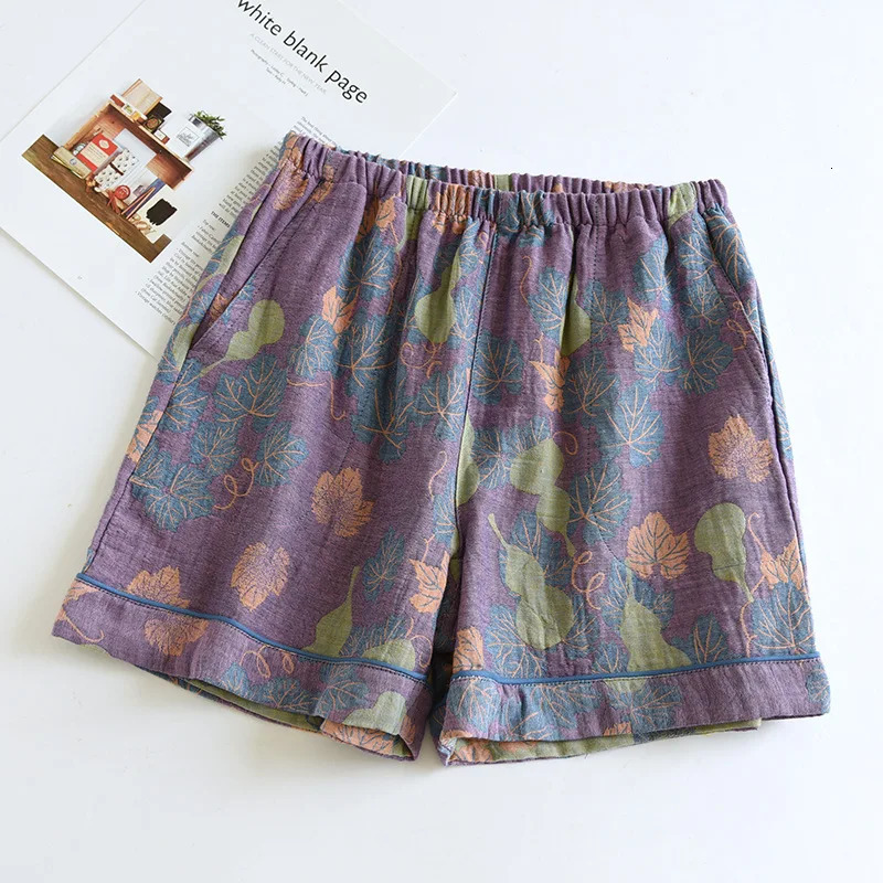 Japanese Summer Womens Shorts 100% Cotton Vintage Yarn Weaving Printed Sleepwear Thin Loose Pocket Home Pants 250611