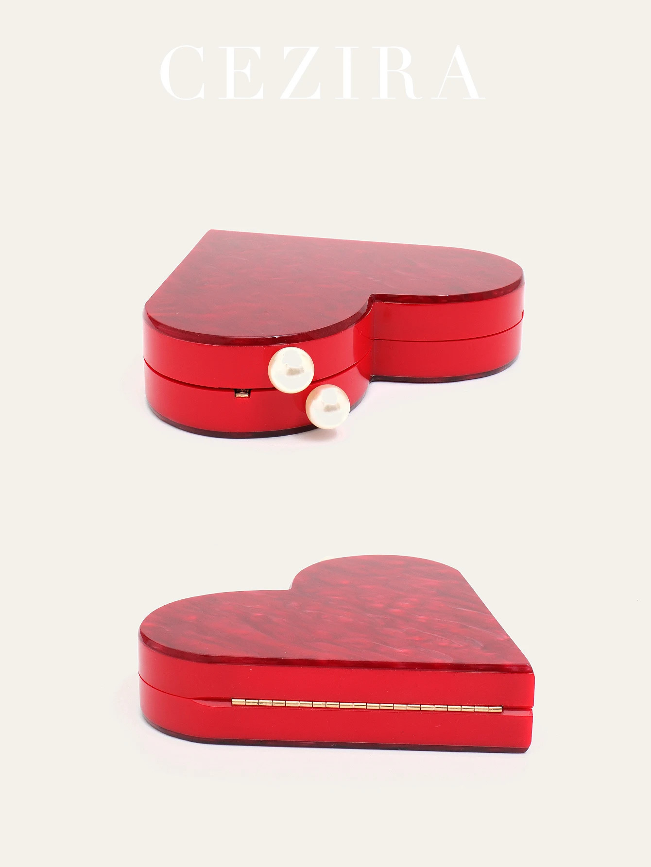 CEZIRA Luxury Red Heart Shaped Acrylic Clutch for Women Fashion Cute Pearls Decor Evening Bag Party Purse Valentines Day Gift 250614