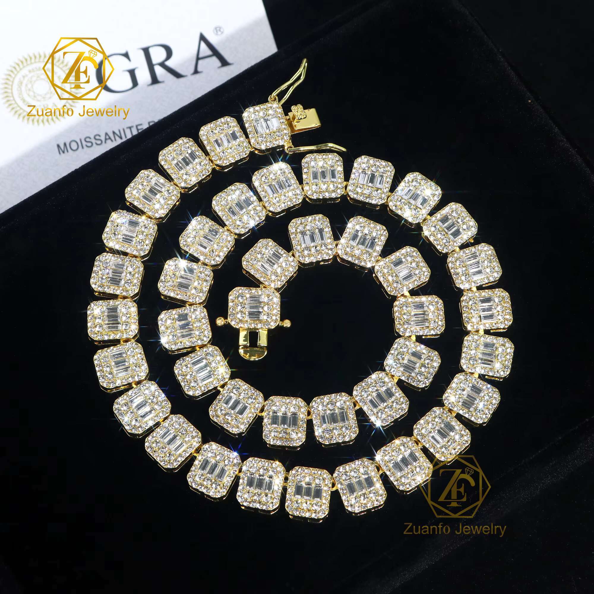 High Quality 925 Sterling Silver 18K Gold Plated Iced Baguette Diamonds Moissanite Waterproof Necklace Bracelet Link Chain Style