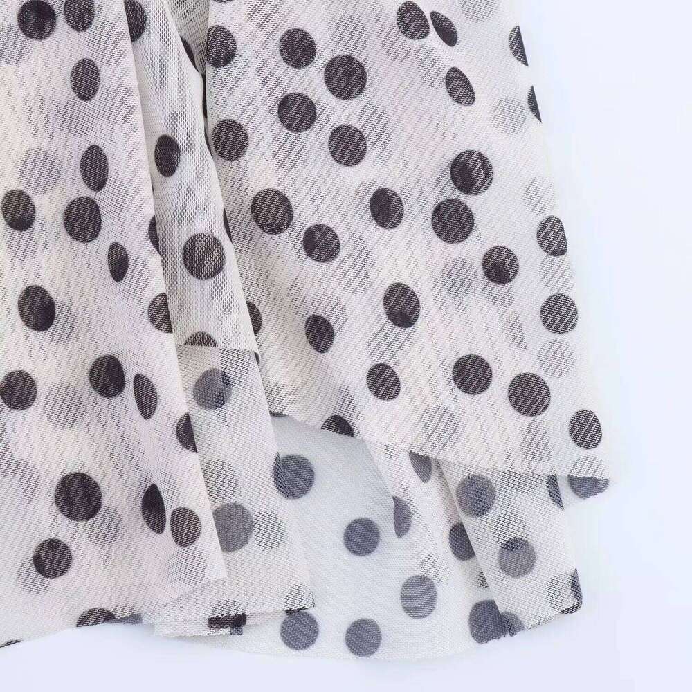Womens Elegant Sexy V Neck Spaghetti Strap Mid - Length Mesh Polka Dot Dress With Loose Drapey Large Hem
