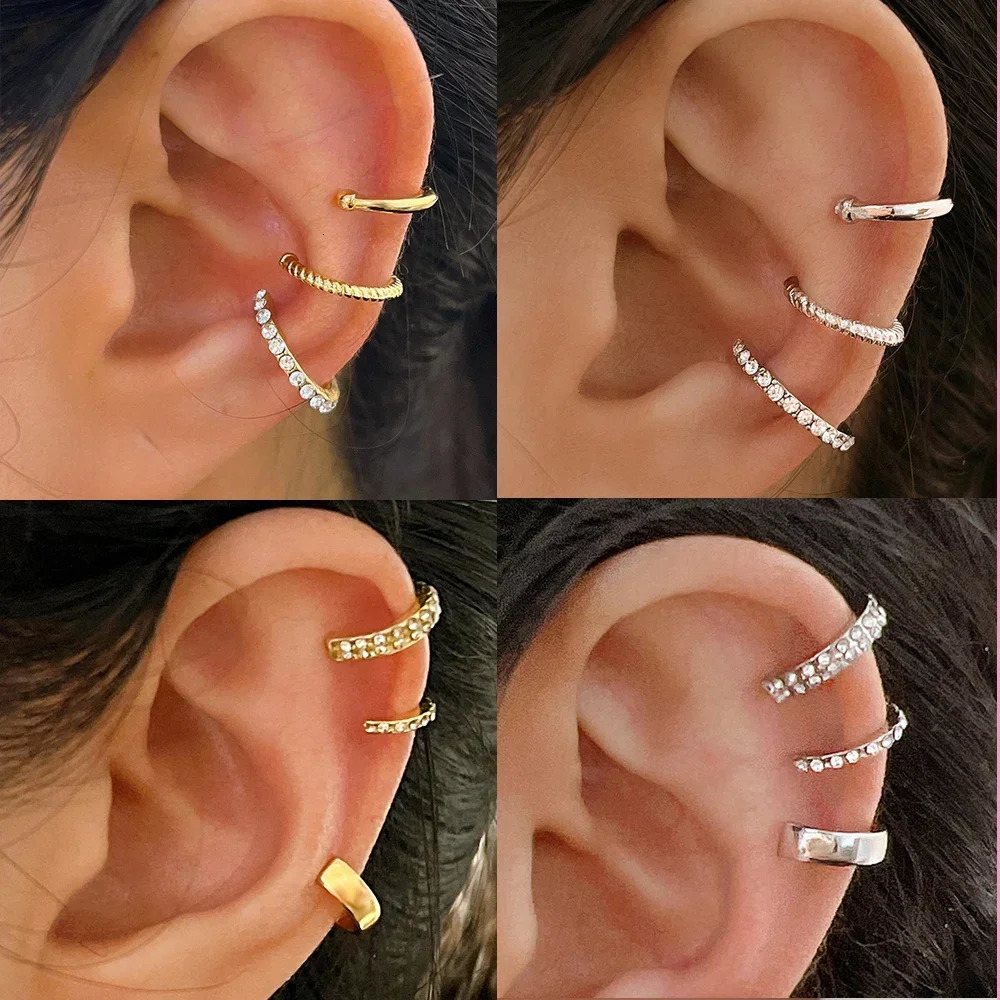 3PCS Vintage Simple Metal Crystal Ear Cuff for Women Teens Gold Color Non Piercing Cartilage Clip Earrings Set Jewelry Gift 250610