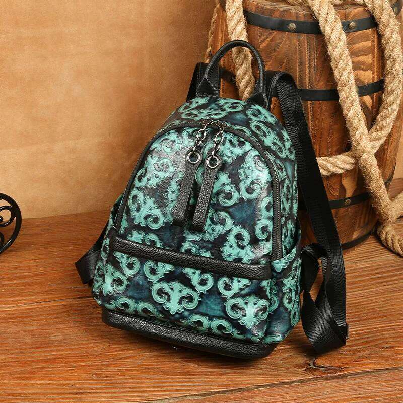 Johnature Genuine Leather Emed Retro Backpack Women Bag Handmade Natural Real Cowhide Large Capacity Leisure Travel Bags