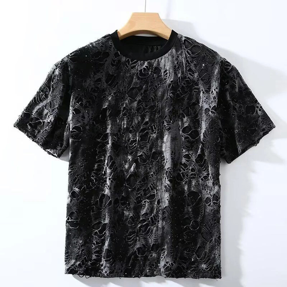 Summer Mens Rendering Hole Short-Sleeved T-Shirt Retro Trend Fashion Street Hip-Hop Loose Casual Niche Breathable Mens Tops 250614