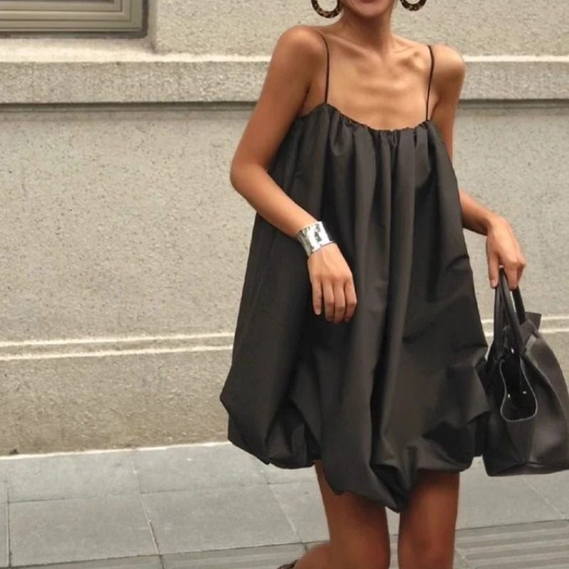 Summer French Elegant Black Loose Sling Womens Dress 250613