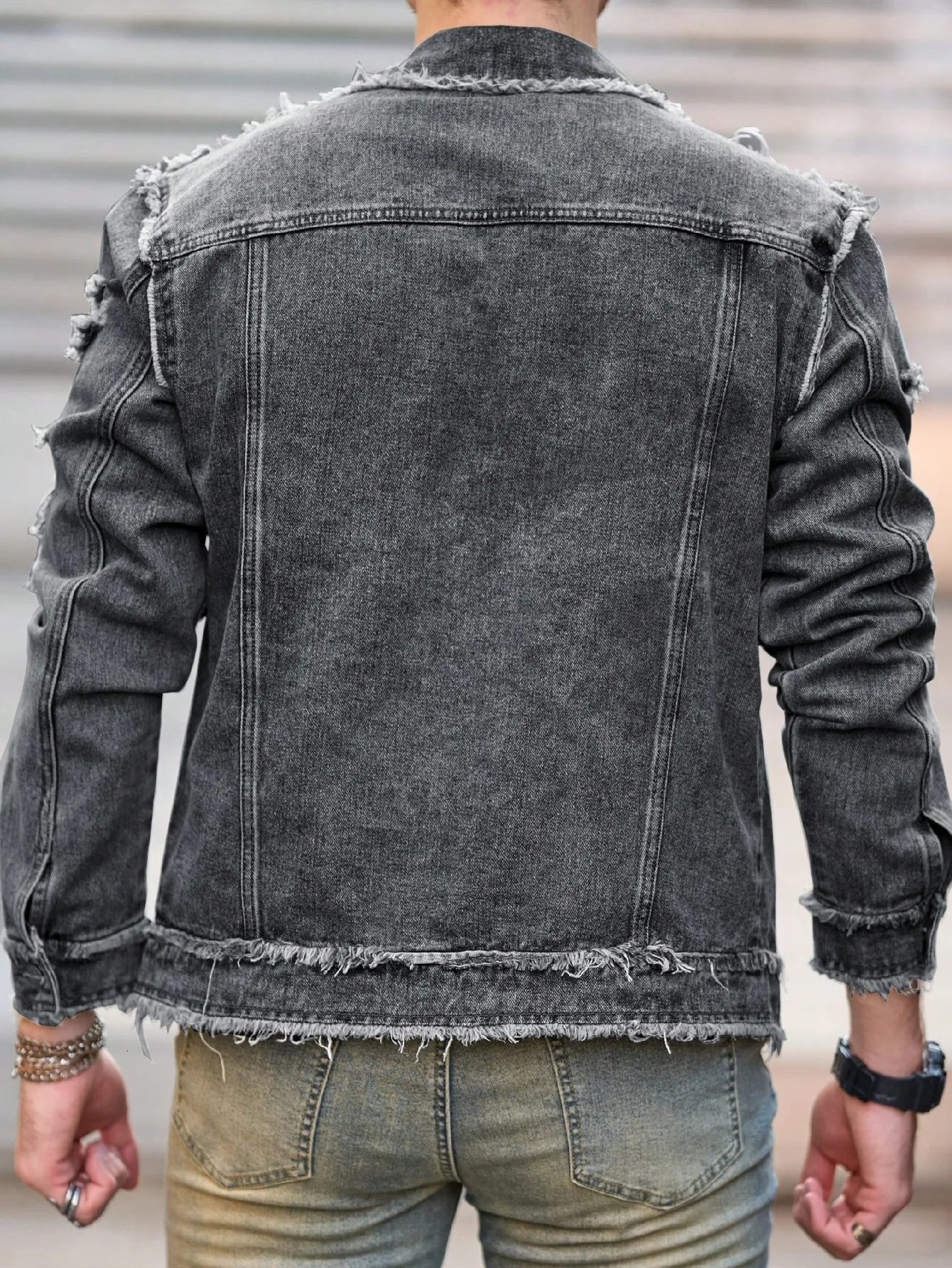 1pc Mens U2K Minimalist Style Ripped Raw Edge Casual Denim Jacket Stylish n for Everyday Wear Flight Denim 250614