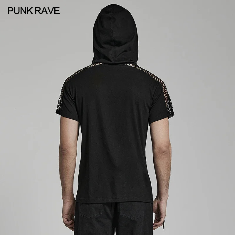 PUNK RAVE Mens Punk Elastic Knitted Charm Mesh Cutouts Sexy Hooded T-shirt Personality Hollow Casual Black Tops Tees Summer 250614