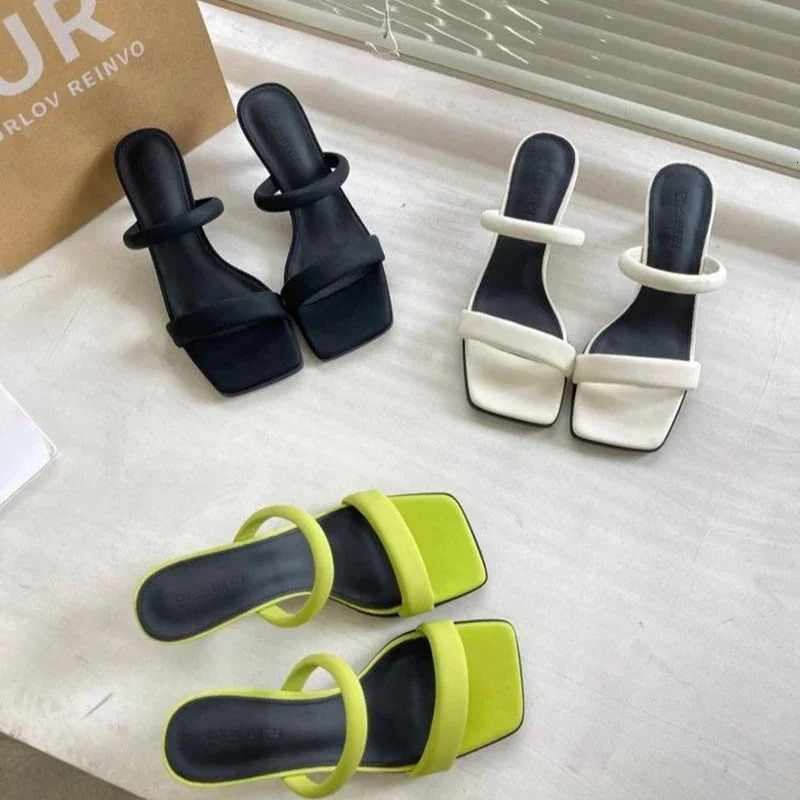 Open Toe High Heeled Sandals Womens Summer Square Head Thick Heel Mid-heel Slippers 250703