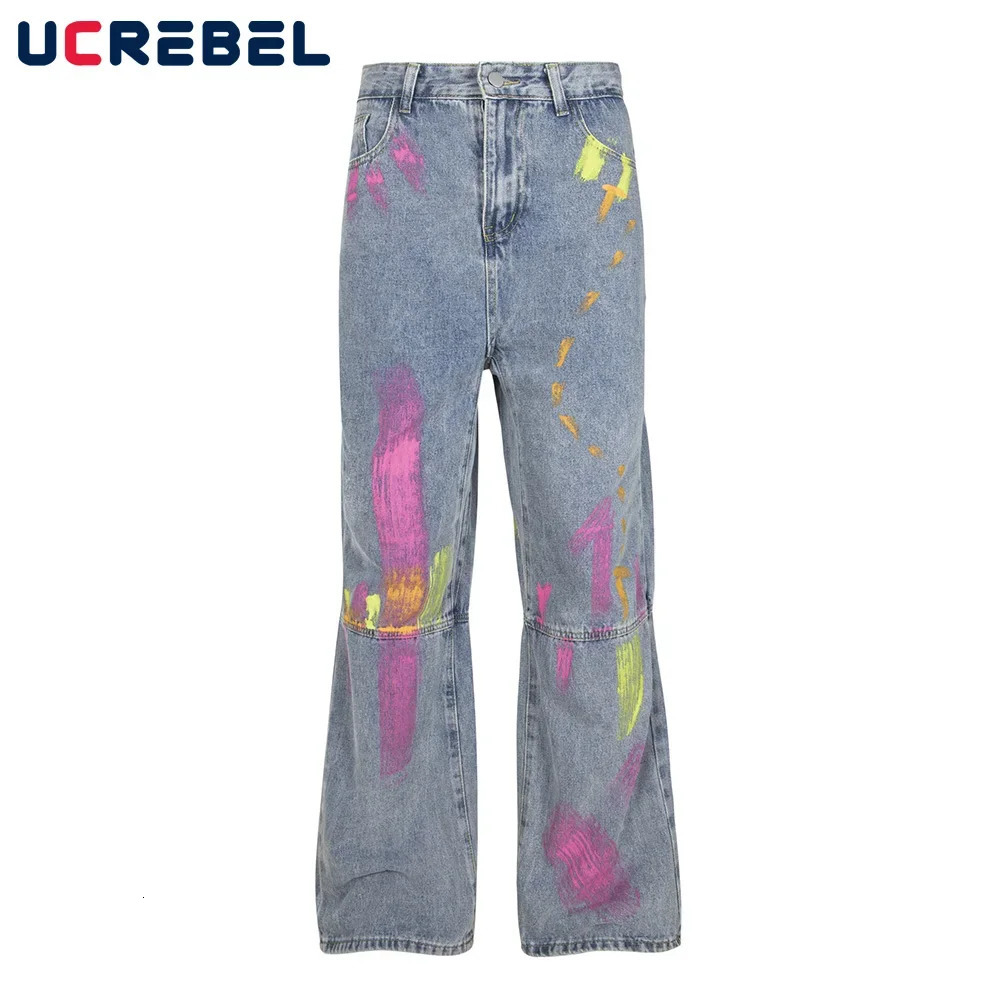 Painted Spliced Denim Pants Mens Summer High Street Loose Washed Distressed Jeans Men Trousers 250614