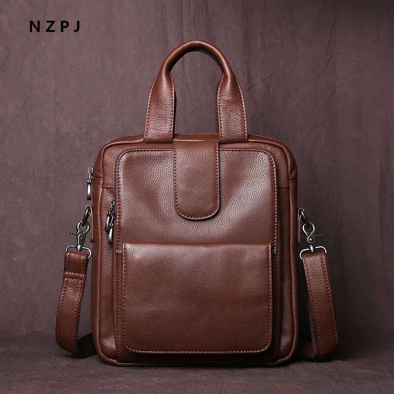 New Leather Handbag Top Layer Cowhide Vertical Briefcase Retro Men's One-Shoulder Messenger 12 Inch Ipad Bag NZPJ