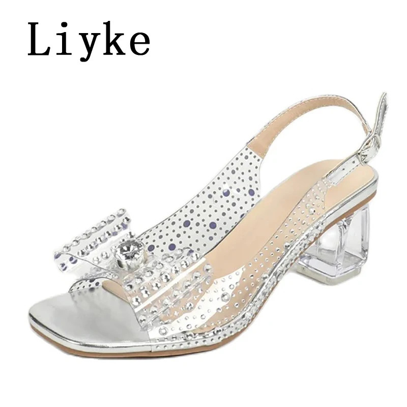 Liyke Size 36-43 Transparent Sandals For Women Summer Fashion Crystal Rhinestone Butterfly Knot High Heels Party Dress Shoes 250610