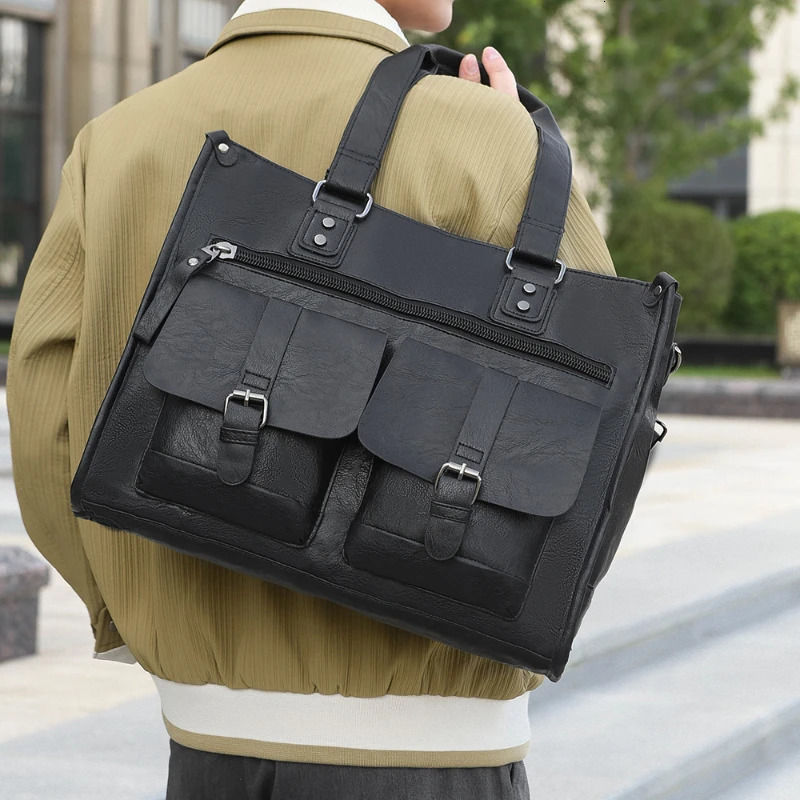 Man Business Briefcase Bag Men Office Multiple Pockets 13.3inch Laptop Handbags PU Leather Messenger Shoulder Bag 250614