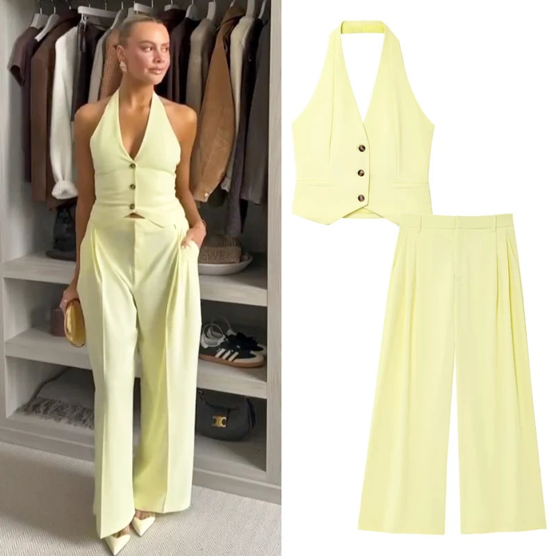 TRAF Yellow Elegant Pants Set 2025 Womens Spring Tank Halter Tops Wide Leg Fashion Casual 2 Pieces Trousers Outfit 250614