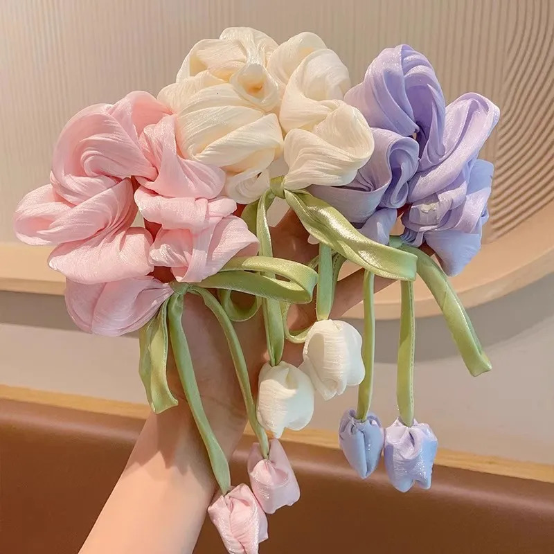 Cute Tulip Flower Large Intestine Scrunchie For Girls Sweet Hair Ornament Headband Hair Band Hair Tie Fashion Hair Accessories 250610