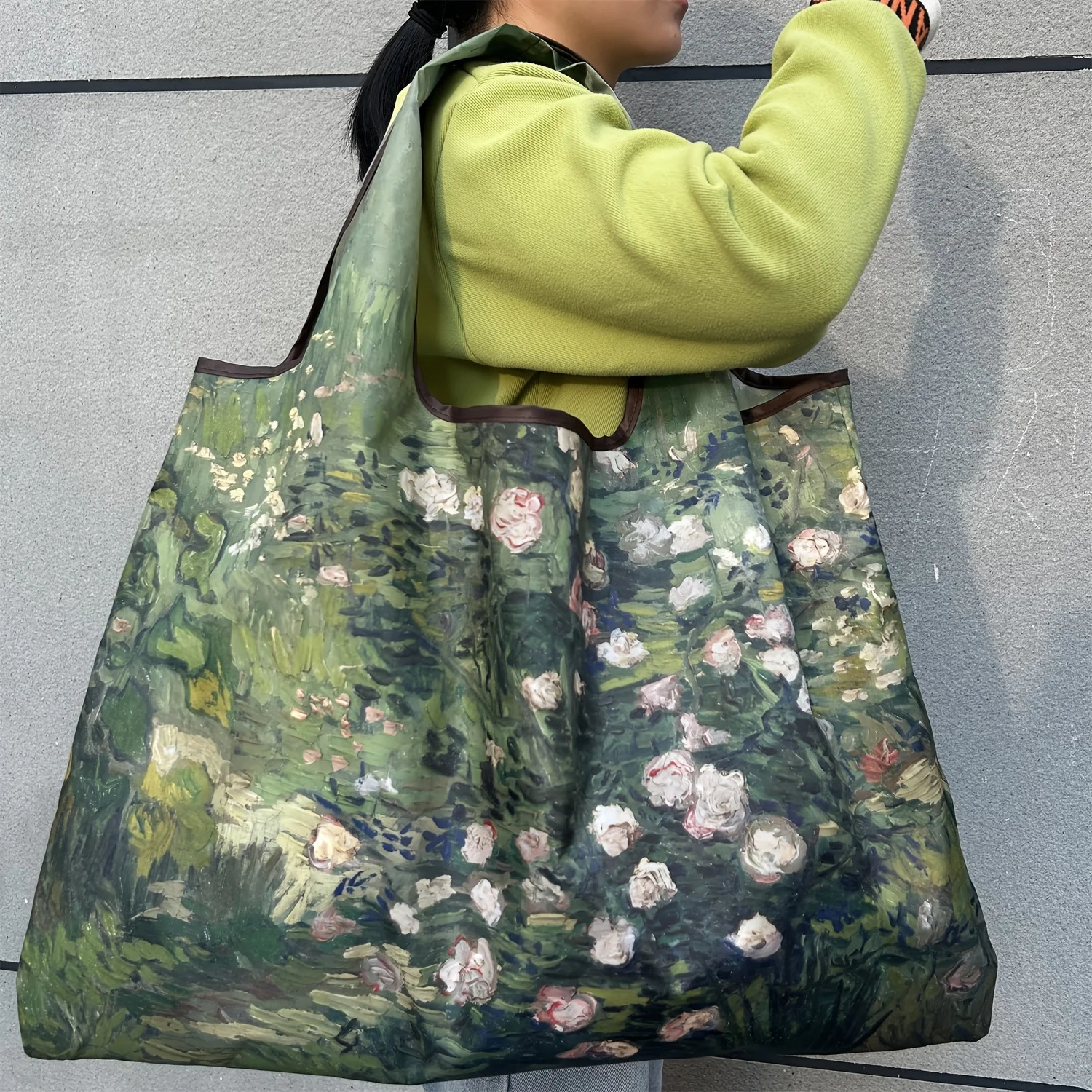 Rose Oil Painting Fashion Bag Foldable Shopping Bag Reusable Grocery Storage Bag Nylon Portable Shoulder Handbag Travel Tote Bag 250610