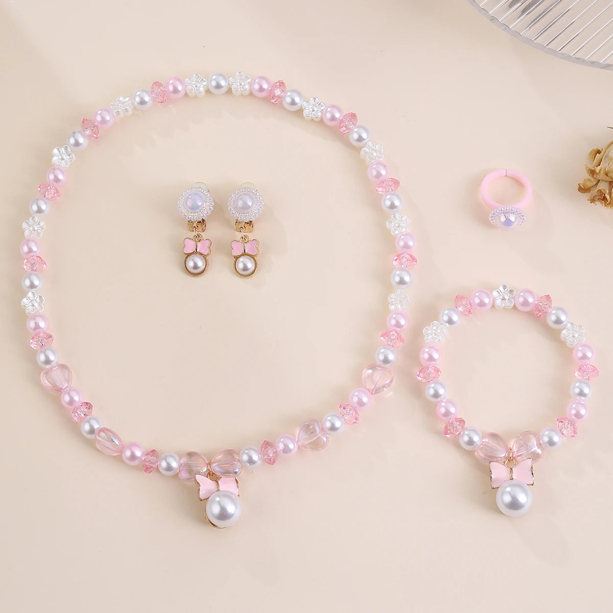 4Pcs Butterfly Ring Necklace Bracelet Earrings Little Girl Toddler Simulated Pearl Jewelry Set Little Princess Kids Play Gifts 250609