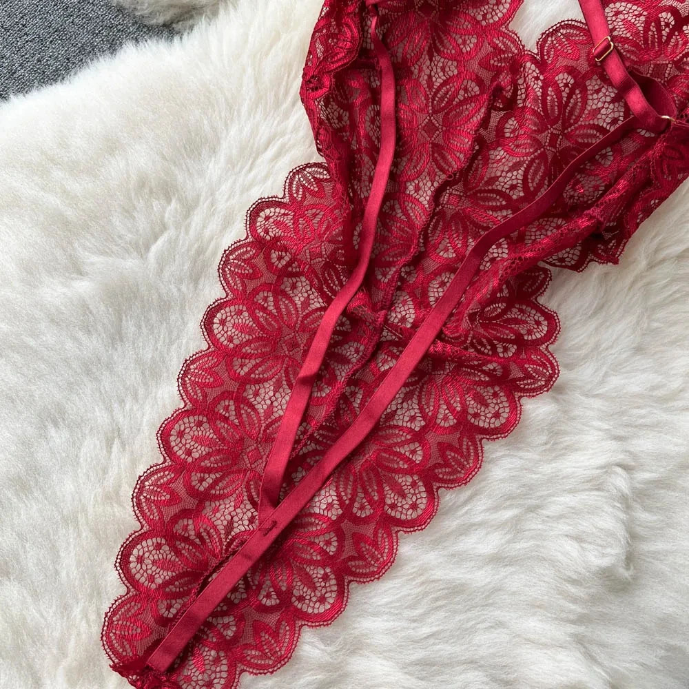 Womens Transparent Sexy Elegant Erotic Strap Midi Skirt With Girl Vneck Lace Hollowed Out Flower Top Two Pieces Nightdress Set 250609